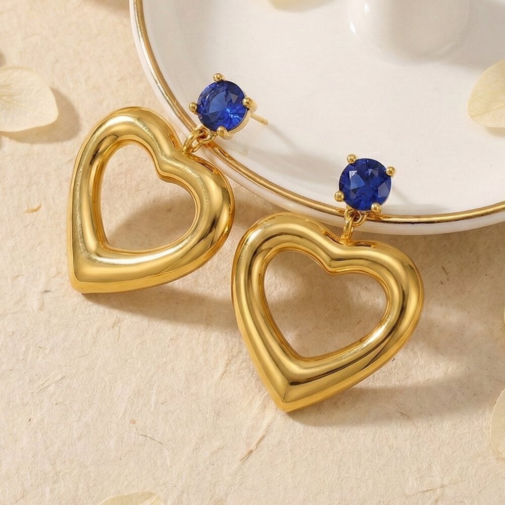 18K Gold Plated Stainless Steel Puffy Heart Earrings Blue CZ Crystal Studs New